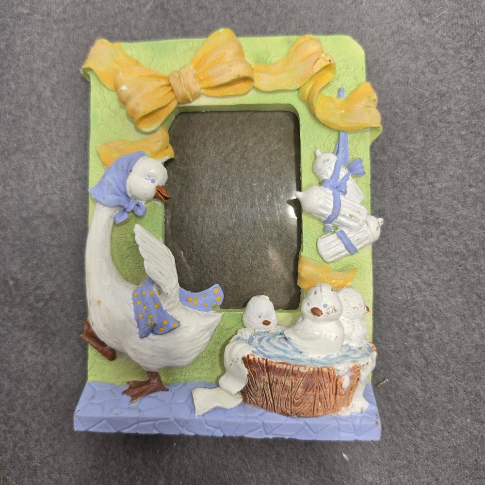 Vintage Mother Goose and Goslings 3D Resin Picture Frame Yellow Bow Nursery